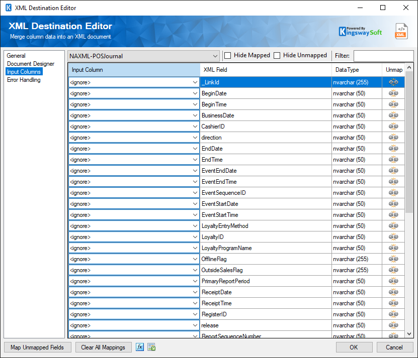 XML Destination - Columns Page